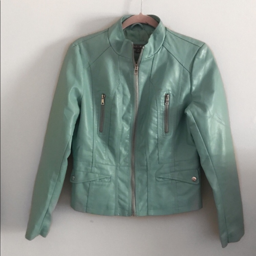 Roz & Ali Vegan Blue/Turquoise Leather Moto Jacket